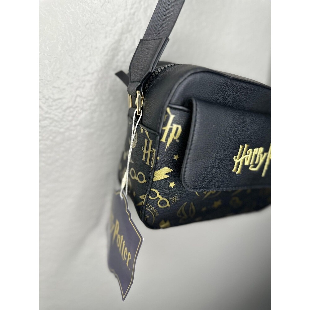 NEW Harry Potter Crossbody Bag Adults Small Black Faux Leather Logo Gold Icons - Picture 2 of 7